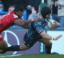 Cardiff Blues' Leigh Halfpenny crashes over against Toulon