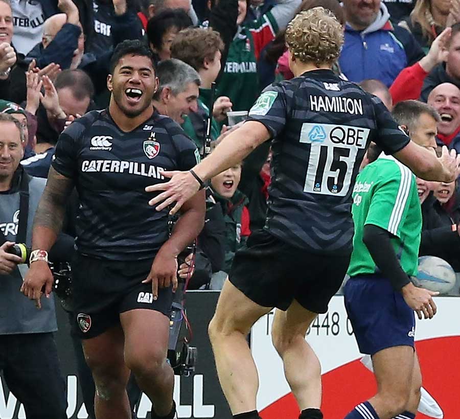 Leicester Tigers' Manu Tuilagi celebrates grabbing their fourth try