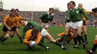Australia's Michael Lynagh prepares to ground the ball, Ireland v South Africa, Rugby World Cup 1991, Lansdowne Road, Ireland, October 20, 1991
