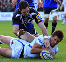 Exeter's Ignacio Mieres crosses for a try