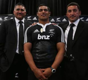 The New Zealand Maori All Blacks coaches stand alongside skipper Tanerau Latimer, Auckland, New Zealand, October 29, 2012