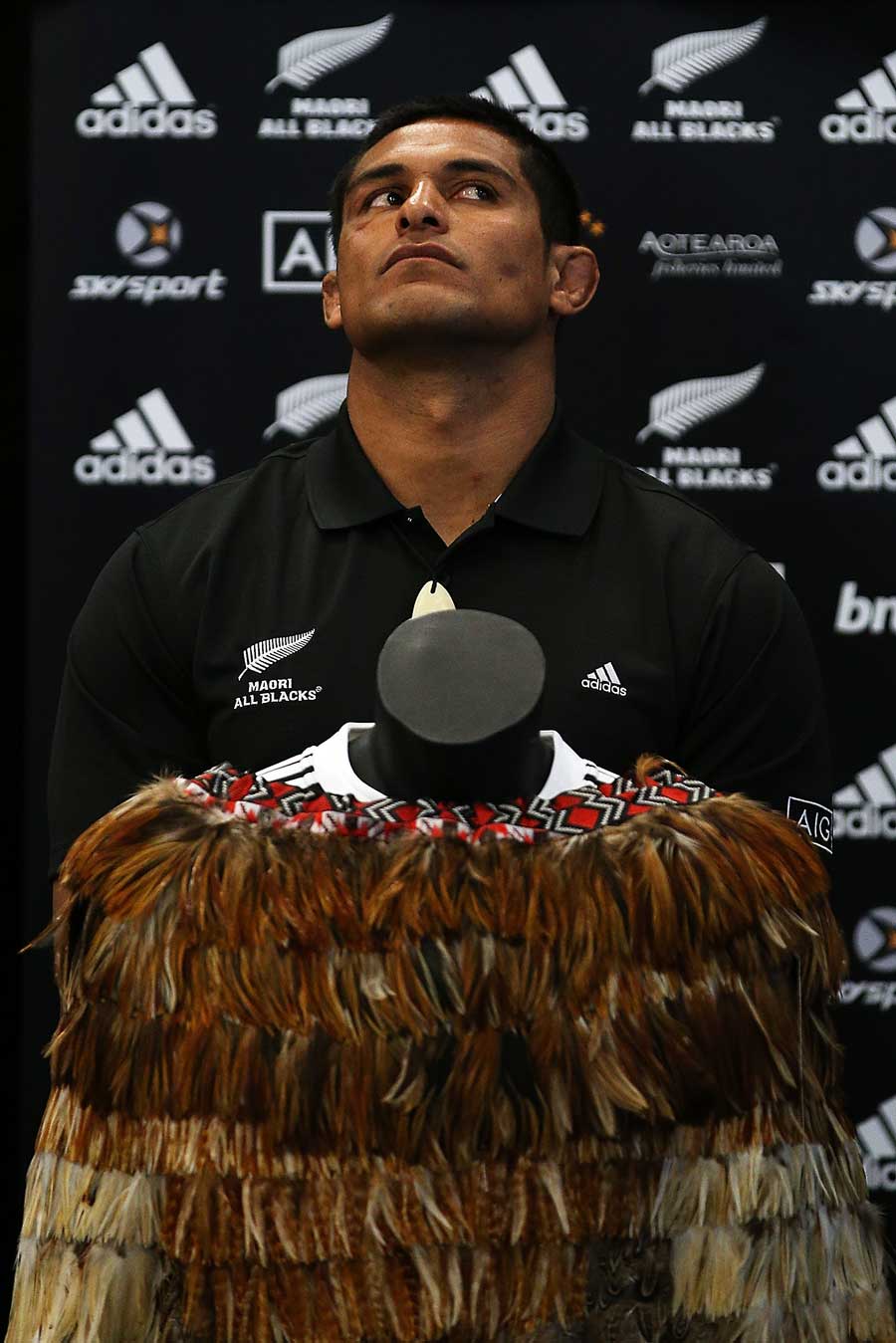 The New Zealand Maori All Blacks captain Tanerau Latimer looks thoughtful at a press conference
