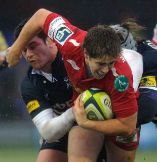 Aled Thomas charges forward, Sale Sharks v Scarlets, Anglo-Welsh Cup, Edgeley Park, Stockport, England, February 4, 2012
