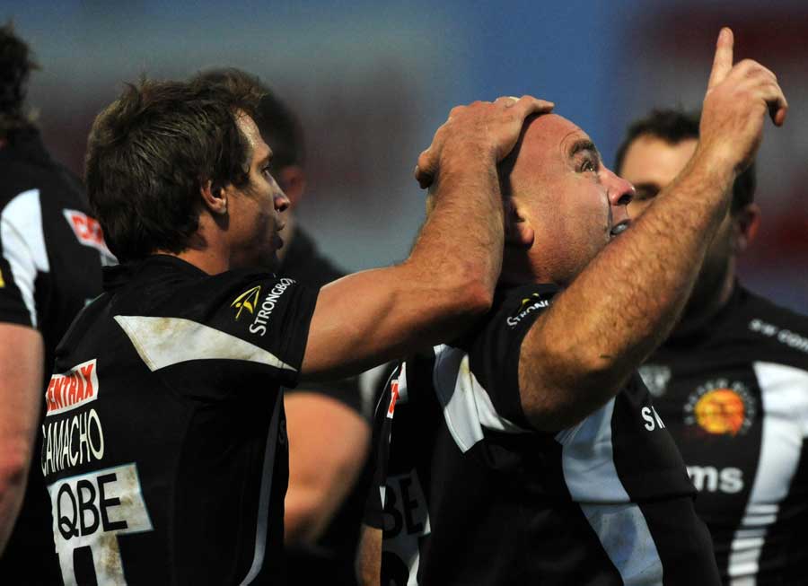 Exeter Chiefs' Chris Budgen points to the sky in memory of his twin sons