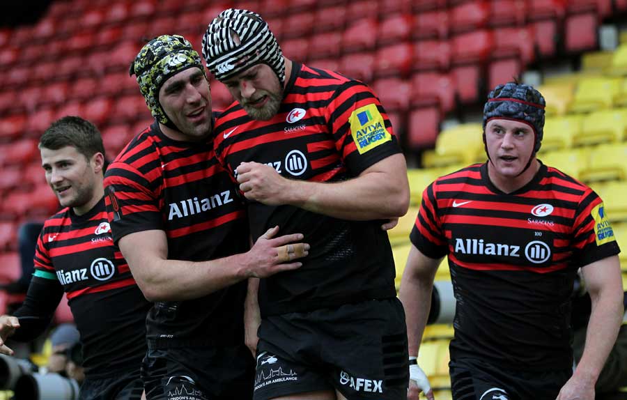 Saracens' Alastair Hargreaves is congratulated on his try