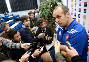 France coach Philippe Saint-Andre chats to reporters, France press conference, Marcoussis, France, November 5, 2012 