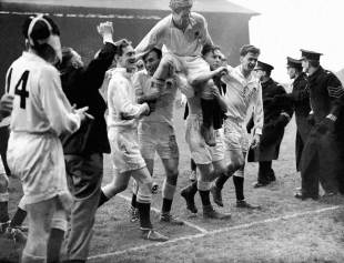 England's Eric Evans is carried off the field, England v Scotland, Twickenham, England, March 16, 1957
