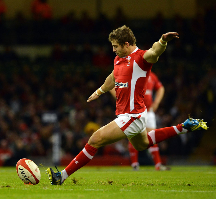 Wales' Leigh Halfpenny kicks a penalty