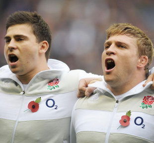 Brothers Ben Youngs and Tom Youngs sing the English national anthem together, England v Fiji, Twickenham Stadium, London, England, November 10, 2012