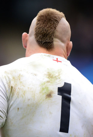 England's Joe Marler shows off his latest haircut, England v Fiji, Twickenham Stadium, London, England, November 10, 2012