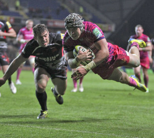 Exeter's Myles Dorrian dives over to score a try, London Welsh v Exeter Chiefs, Anglo-Welsh Cup, Kassam Stadium, Oxford, England, November 11, 2012