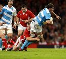Wales' Gethin Jenkins tackles Argentina's Julio Farias Cabello 