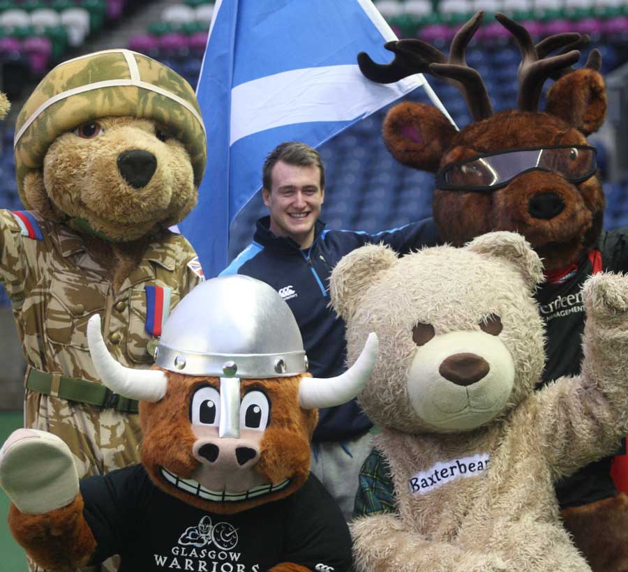 Scotland's Stuart Hogg at the mascot race which was a joint venture with the armed forces