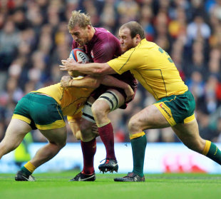 England's Chris Robshaw is shackled by Australia, England v Australia, Twickenham, England, November 17, 2012
