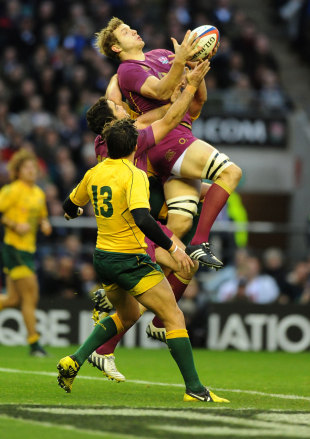 England's Joe Launchbury climbs high to claim the ball, England v Australia, Twickenham, England, November 17, 2012