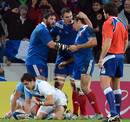 France's Vincent Clerc is congratulated on his try