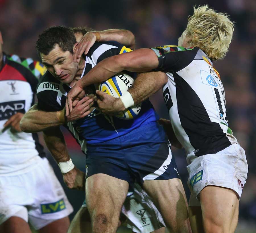 Bath's Stephen Donald tries to break through the Quins defence