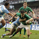 Ireland's Jonny Sexton stretches to score