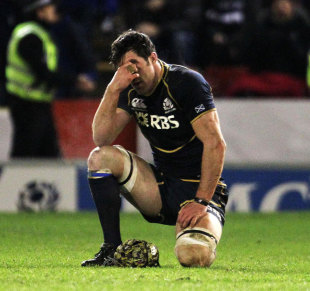 Scotland captain Kelly Brown can't hide his dejection after losing to Tonga. Scotland v Tonga, Pittodrie Stadium, Aberdeen, Scotland, November 24, 2012