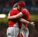 Wales team mates Ryan Jones and Alun-Wyn Jones celebrate victory over Australia
