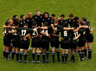 The All Blacks huddle before the match between England and New Zealand at Twickenham in London, England on November 29, 2008.