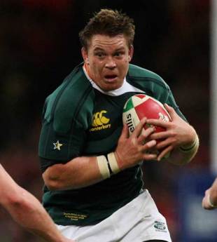 South African captain John Smit charges upfield during the match between Wales and South Africa at the Millennium Stadium in Cardiff, Wales on November 8, 2008.