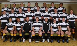 The squad photo for the 2008 Barbarians side to face Australia, with captain John Smit flanked by Eddie Jones and Jake White in the centre, December 2 2008