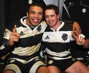 Barbarians team mates Bryan Habana (L) and Shane Williams (R) pose following the 1908-2008 London Olympic Centenary match between The Barbarians and Australia at Wembley Stadium in London, England on December 3, 2008. 