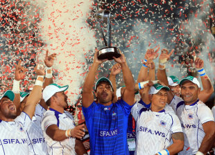 Samoa celebrate winning the Dubai Sevens title, HSBC Sevens World Series, Dubai, December 1, 2012