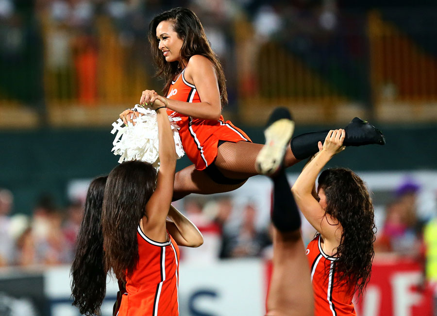 Cheerleaders vow the crowd at the Dubai Sevens