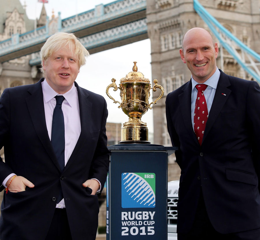 Boris Johnson and Lawrence Dallaglio ahead of the 2015 Rugby World Cup draw