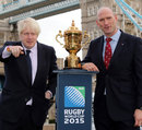 London mayor Boris Johnson poses with Lawrence Dallaglio ahead of the  Rugby World Cup draw