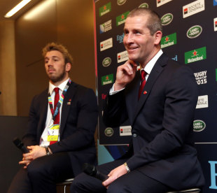 England coach Stuart Lancaster and captain Chris Robshaw at the 2015 Rugby World Cup draw, London, December 3, 2012