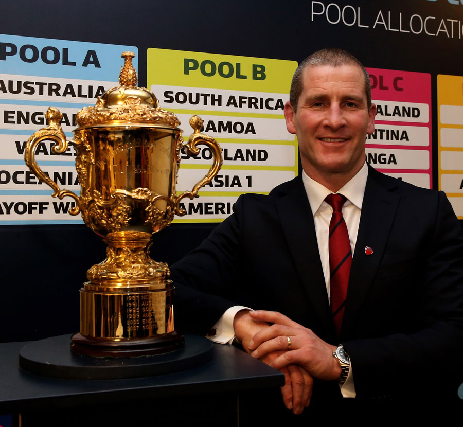 England coach Stuart Lancaster poses with the Rugby World Cup