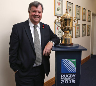 RFU chief executive Ian Ritchie poses with the World Cup trophy, Twickenham, England, October 31, 2012