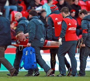 Scarlets' Rhys Priestland is stretchered from the field with an ankle injury, Scarlets v Exeter Chiefs, Heineken Cup, Parc Y Scarlets, Wales, December 8, 2012