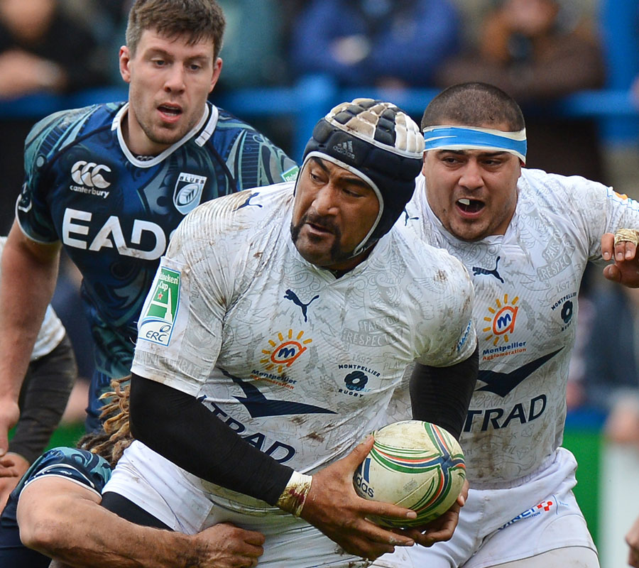 Montpellier lock Akiki Fakate is tackled by a Cardiff defender