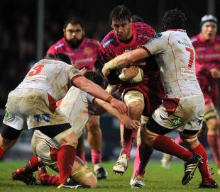 Exeter's Ally Muldowney runs into the Scarlets defence, Exeter Chiefs v Scarlets, Heineken Cup, Sandy Park, Exeter, December 15, 2012