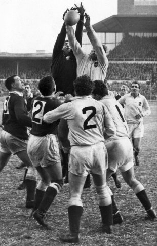 Wales' Brian Price rises above England's John Owen, Wales v England, Five Nations, National Stadium, Cardiff, Wales, January 19, 1963
