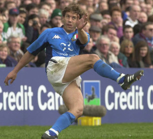 Italy fly-half Diego Dominguez watches his kick rebound off the Ireland post. Ireland v Italy, Six Nations, Lansdowne Road, Dublin, Ireland, March 23, 2002