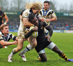 Wasps' Christian Wade forces his way over for a try, London Wasps v Bath, Aviva Premiership, Adams Park, Wycombe, England, January 6, 2013