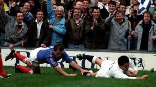 England's Rory Underwood crashes over, England v France, 1991 Five Nations, Twickenham, March 16, 1991