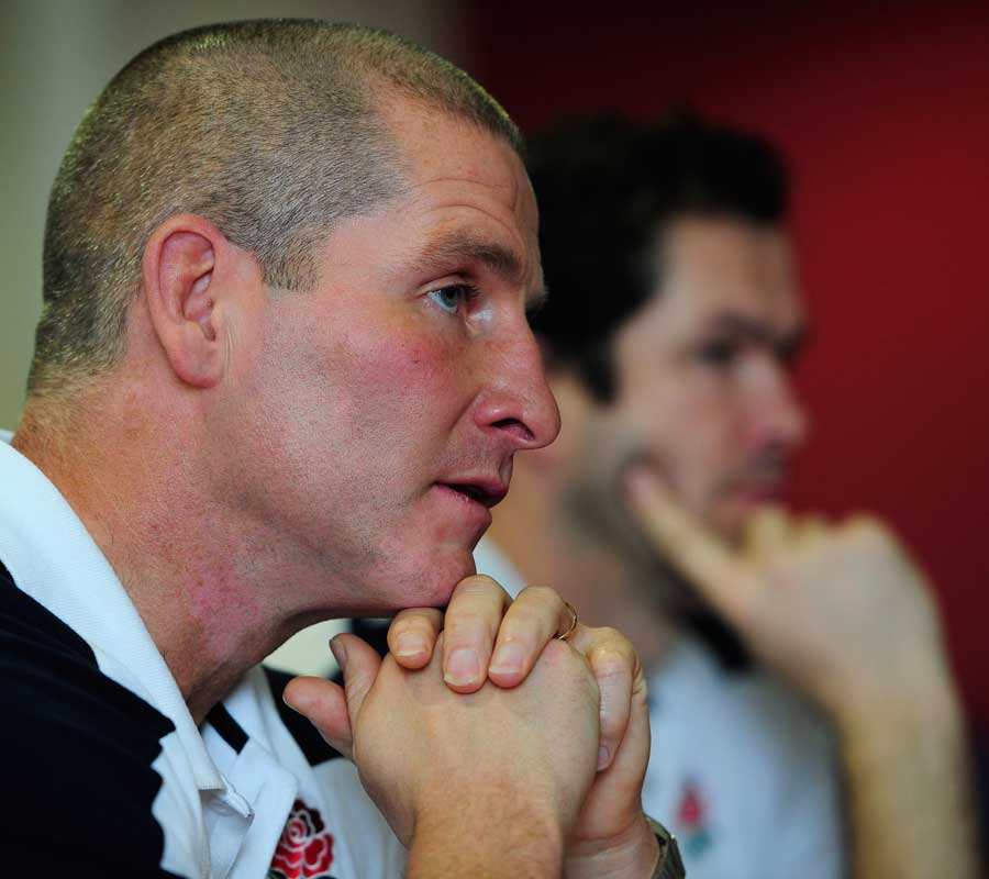 England's Stuart Lancaster fields questions from the media