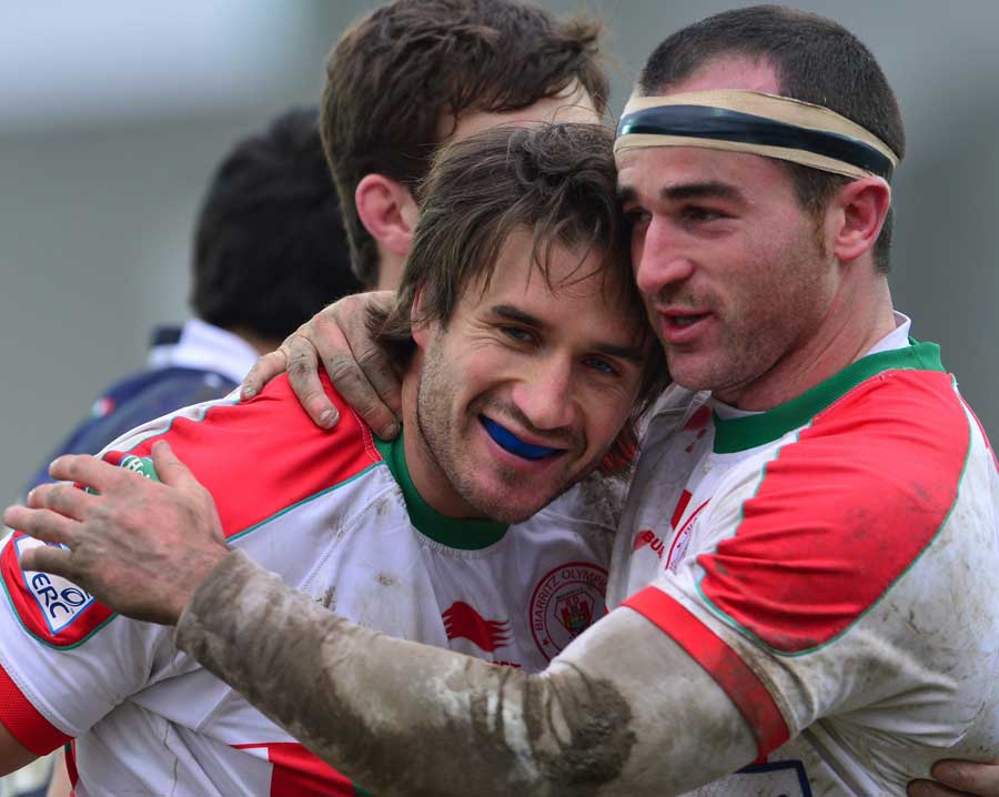 Biarritz's Marcelo Bosch is congratulated on his score against Zebre