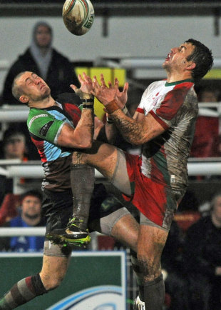 Quins' Mike Brown and Biarritz' Damien Traille vie for a high ball, Biarittz v Harlequins, Heineken Cup, Parc des Sports Aguiléra, France, January 18, 2013