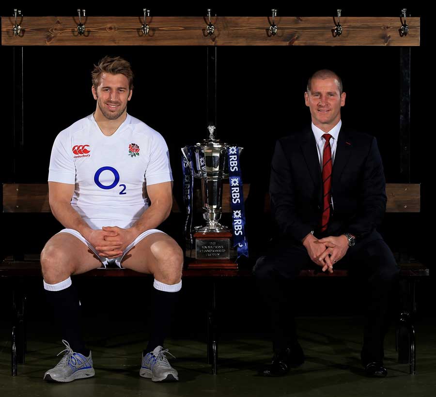 England's Chris Robshaw and coach Stuart Lancaster sit alongside the Six Nations trophy
