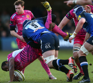 Bath's Dave Attwood tackles Exeter's Watisoni Votu, Bath v Exeter, Anglo-Welsh Cup, Recreation Ground, Bath, England, January 26, 2013