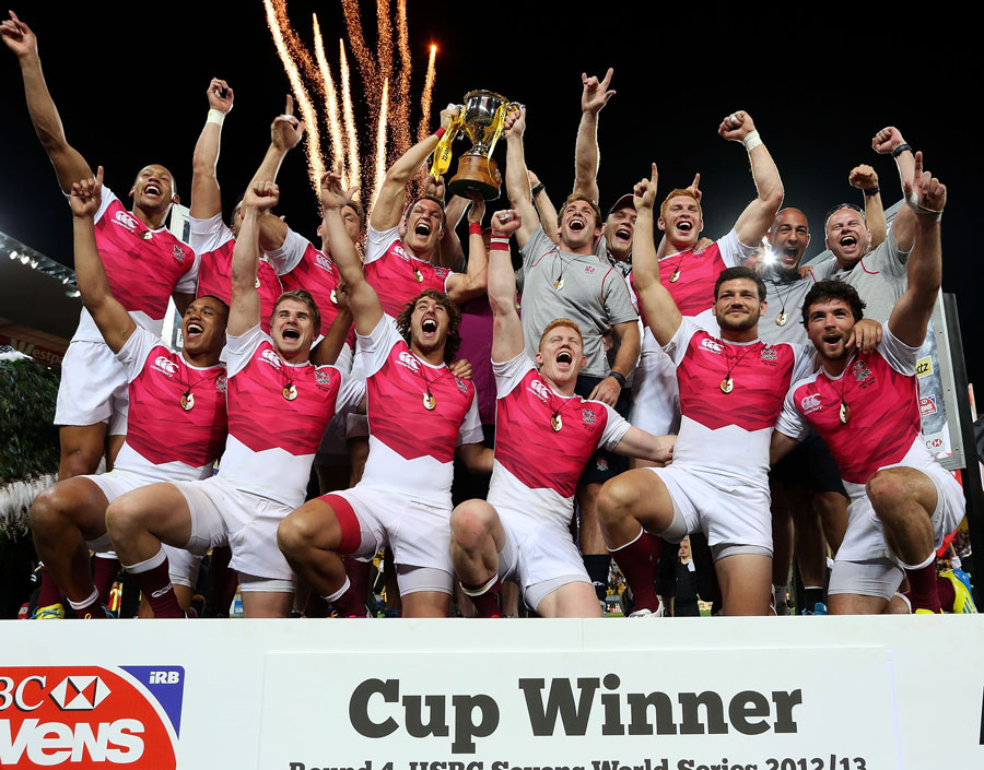 England celebrate victory at the Wellington Sevens
