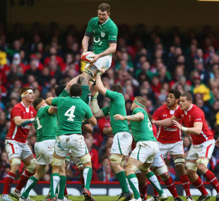 Ireland second-row Donnacha Ryan secures clean line-out ball. Wales v Ireland, Six Nations, Millennium Stadium, Cardiff, Wales, February 2, 2013