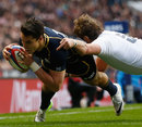 Scotland's Sean Maitland dives over to score on his debut